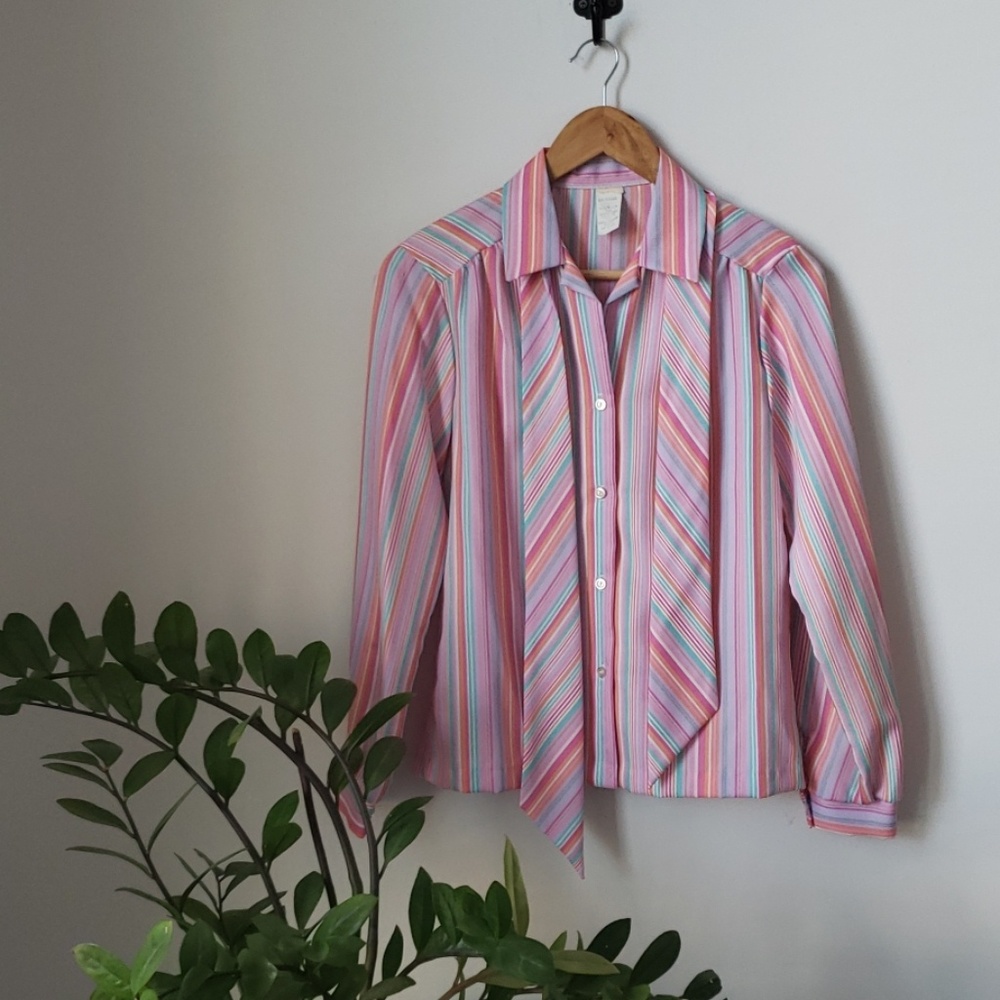 Vintage 1970s Stripe Pussy Bow Blouse